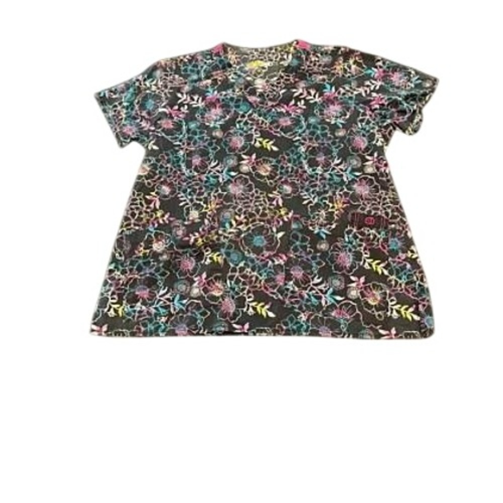 WonderFlex Womens Scrub Top Medium Black Neon Floral V-Neck Short Sleeve Pocket